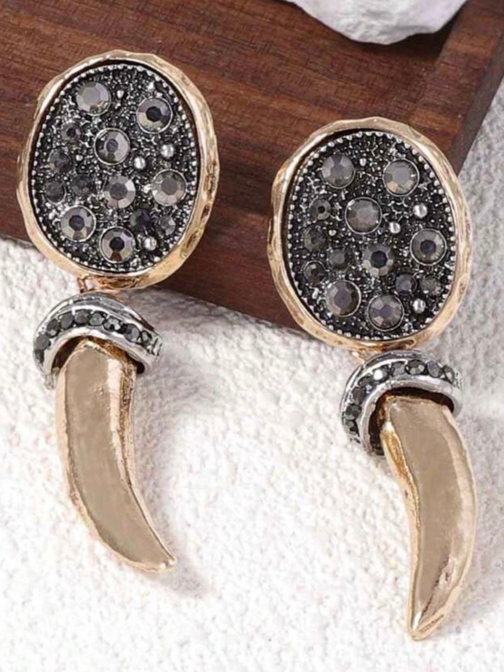 Black and Gold Druzy Disc with Horn Drop Earrings - Picture 3 of 3